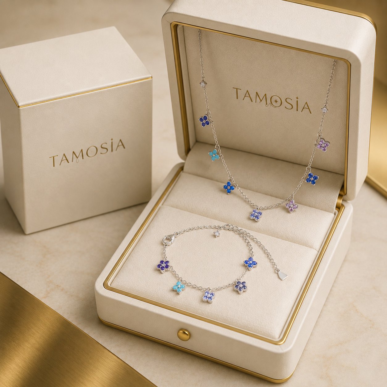 Quadrifoglio Lumière™ Set Collana e Bracciale - Quadrifogli di Zaffiri Multicolore