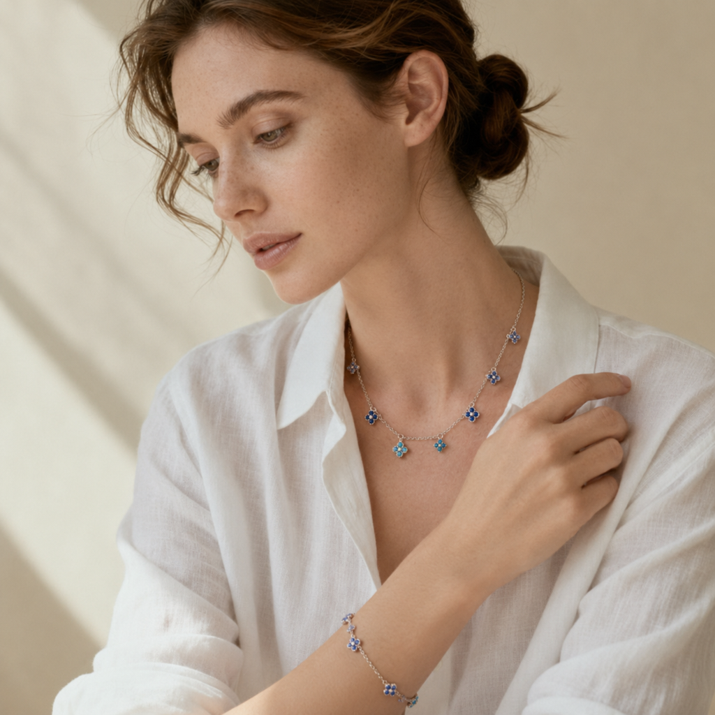 Quadrifoglio Lumière™ Set Collana e Bracciale - Quadrifogli di Zaffiri Multicolore